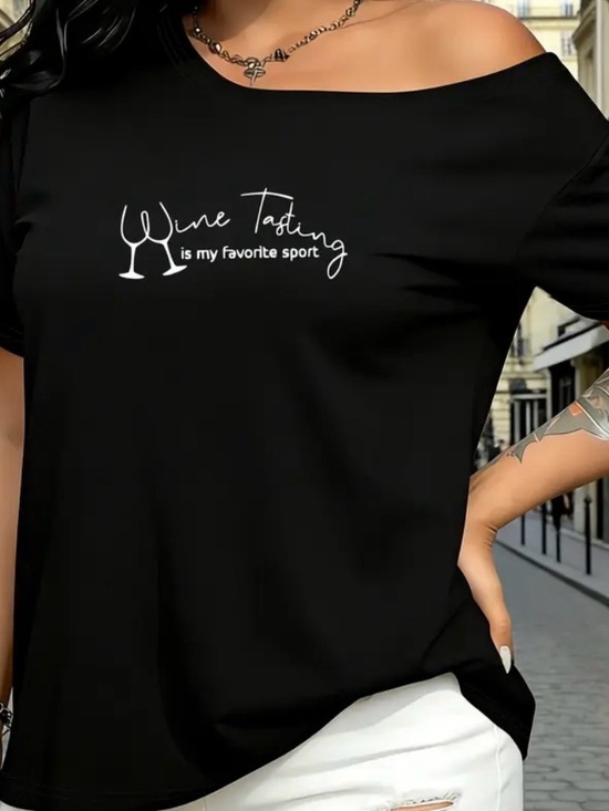 Tops - Wine Tasting Off-Shoulder Tee in Black